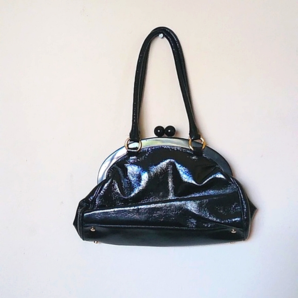 Hobo International Black Patent Shoulder Bag with Kiss Clasp